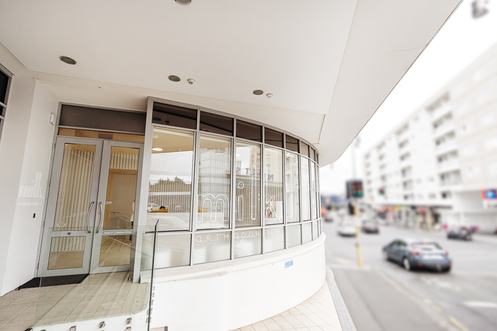 Street entrance of Milk Orthodontics on the corner of Nuffield Street, Newmarket, Auckland